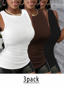 Slaydiva Plus Size Women Solid Color Ribbed Wide Hem Fitted Sports Tank Top, Suitable For Spring & Summer White Black Capri Women's Tank Tops - Multicolor - View 5