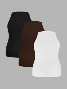 Slaydiva Plus Size Women Solid Color Ribbed Wide Hem Fitted Sports Tank Top, Suitable For Spring & Summer White Black Capri Women's Tank Tops - Multicolor - View 2
