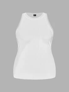 Slaydiva Plus Size Women Solid Color Ribbed Wide Hem Fitted Sports Tank Top, Suitable For Spring & Summer White Black Capri Women's Tank Tops - Multicolor - View 8