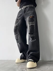 Manfinity EMRG 男士水洗做舊寬鬆牛仔褲，毛邊破洞丹寧長褲，Y2K復古Grunge街頭風 - 黑色 - 查看 8