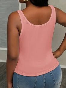 Slaydiva Casual Basic Racerback Sleeveless Deep U-Neck Narrow Ribbed Side Ruched White Semi-Sheer Plus Size Regular Fit Camisole - Dusty Pink - View 2