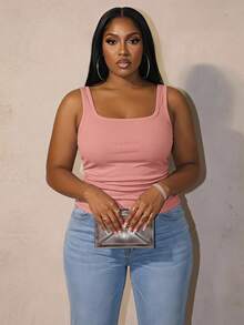 Slaydiva Casual Basic Racerback Sleeveless Deep U-Neck Narrow Ribbed Side Ruched White Semi-Sheer Plus Size Regular Fit Camisole - Dusty Pink - View 1