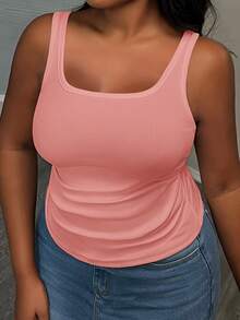 Slaydiva Casual Basic Racerback Sleeveless Deep U-Neck Narrow Ribbed Side Ruched White Semi-Sheer Plus Size Regular Fit Camisole - Dusty Pink - View 4