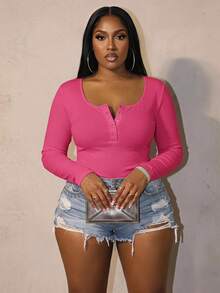 Slaydiva Plus Size Casual All-Match White Slim Fit With Deep U-Neck Long Sleeve T Shirt-C Fall - Hot Pink - View 1