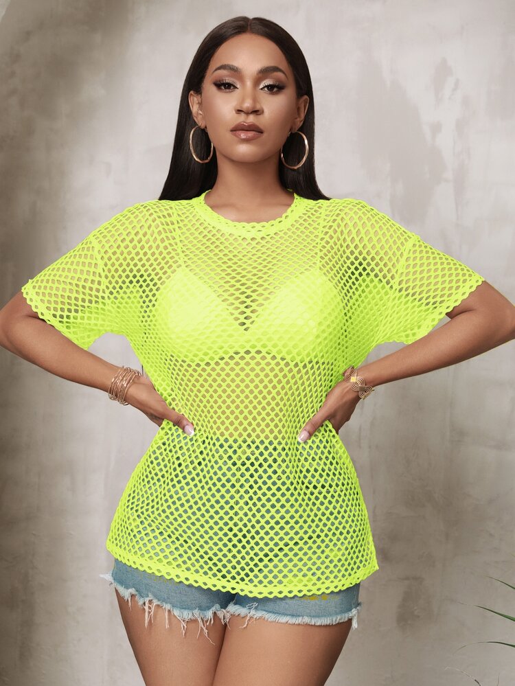 Slaydiva Plus Size Casual Streetwear Black Sheer Loose Fit Half Sleeve Round Neck Regular Long T-Shirt, Spring/Autumn - Mint Green - View 7