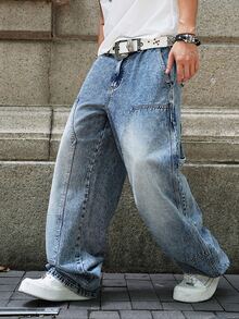 Manfinity EMRG Men's Casual Versatile Daily Travel Denim Wide Leg Pants With Pocket And Button - Blue - View 3