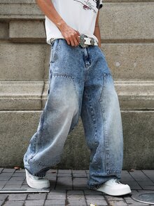 Manfinity EMRG Men's Casual Versatile Daily Travel Denim Wide Leg Pants With Pocket And Button - Blue - View 5