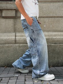 Manfinity EMRG Men's Casual Versatile Daily Travel Denim Wide Leg Pants With Pocket And Button - Blue - View 4