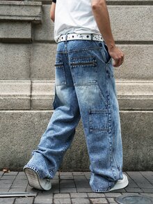 Manfinity EMRG Men's Casual Versatile Daily Travel Denim Wide Leg Pants With Pocket And Button - Blue - View 2