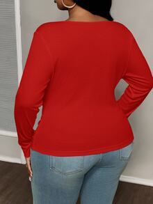 Slaydiva Plus Size Casual All-Match White Slim Fit With Deep U-Neck Long Sleeve T Shirt-C Fall - Red - View 2