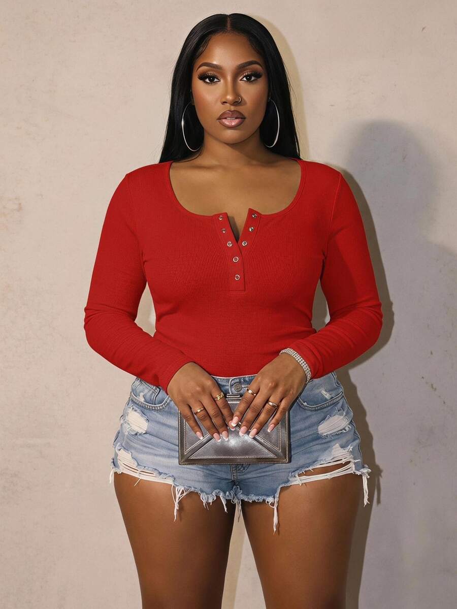 Slaydiva Plus Size Casual All-Match White Slim Fit With Deep U-Neck Long Sleeve T Shirt-C Fall - Red - View 1