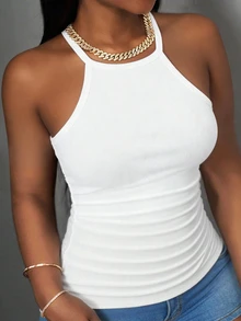 Slaydiva Plus-Size Women's Allover White Summer Ribbed Racer Back Halter Top,Versatile Solid Everyday Basic Streetwear Elegant Tidur Casual For Office Yoga - White - View 8