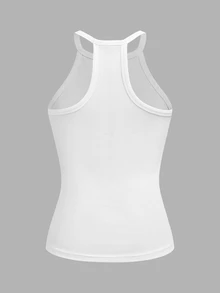 Slaydiva Plus-Size Women's Allover White Summer Ribbed Racer Back Halter Top,Versatile Solid Everyday Basic Streetwear Elegant Tidur Casual For Office Yoga - White - View 9