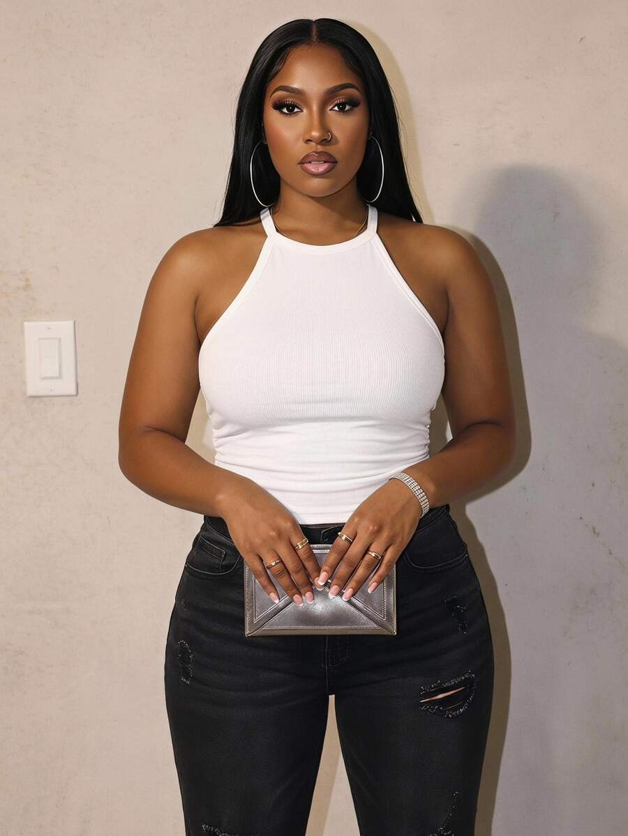Slaydiva Plus-Size Women's Allover White Summer Ribbed Racer Back Halter Top,Versatile Solid Everyday Basic Streetwear Elegant Tidur Casual For Office Yoga