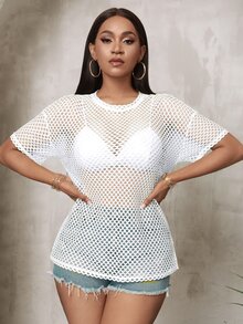 Slaydiva Plus Size Women Black Sheer Loose Half Sleeve Round Neck Casual Street T-Shirt, Spring/Autumn - White - View 6