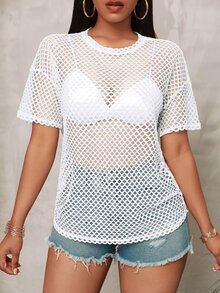 Slaydiva Plus Size Women Black Sheer Loose Half Sleeve Round Neck Casual Street T-Shirt, Spring/Autumn - White - View 7