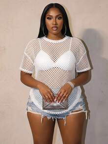 Slaydiva Plus Size Women Black Sheer Loose Half Sleeve Round Neck Casual Street T-Shirt, Spring/Autumn - White - View 2