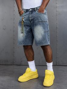 Manfinity EMRG Men's Light Blue Patchwork Denim Loose Wide Leg Shorts, Street Style For Summer, Holiday - Light Wash - View 1