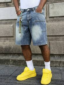 Manfinity EMRG Men's Light Blue Patchwork Denim Loose Wide Leg Shorts, Street Style For Summer, Holiday - Light Wash - View 3