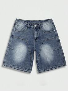 Manfinity EMRG Men's Light Blue Patchwork Denim Loose Wide Leg Shorts, Street Style For Summer, Holiday - Light Wash - View 5