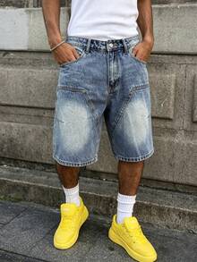 Manfinity EMRG Men's Light Blue Patchwork Denim Loose Wide Leg Shorts, Street Style For Summer, Holiday - Light Wash - View 4