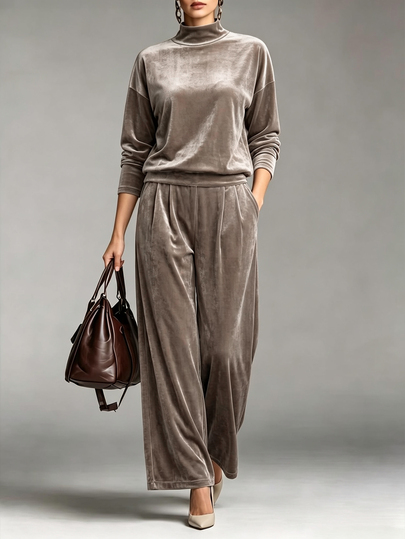 SHEIN Conjunto de 2 peças de inverno para mulher, elegante e luxuoso, em veludo castanho, fato de treino casual com top de gola alta, ombros descaídos e manga comprida, e calças perna larga, para outono e street wear