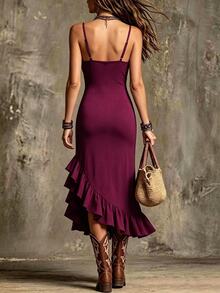 Hotletica Elegant Solid Color High Slit Hemline Ruffle Trim Spaghetti Strap Fitted Dress - Red Violet - View 2
