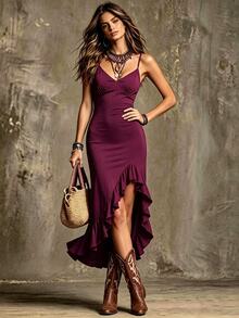 Hotletica Elegant Solid Color High Slit Hemline Ruffle Trim Spaghetti Strap Fitted Dress - Red Violet - View 4