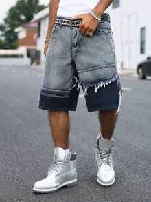 Manfinity EMRG American Street Style Streetwear Couple Matching Washed Yin Yang Colorblock Frayed Denim Shorts Birthday City Break Holiday Vacation Dark Blue Summer - Blue - View 4