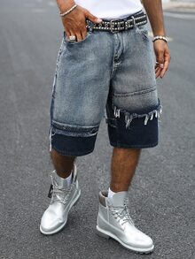 Manfinity EMRG American Street Style Streetwear Couple Matching Washed Yin Yang Colorblock Frayed Denim Shorts Birthday City Break Holiday Vacation Dark Blue Summer - Blue - View 5