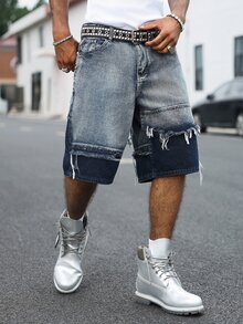Manfinity EMRG American Street Style Streetwear Couple Matching Washed Yin Yang Colorblock Frayed Denim Shorts Birthday City Break Holiday Vacation Dark Blue Summer - Blue - View 3