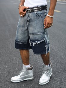 Manfinity EMRG American Street Style Streetwear Couple Matching Washed Yin Yang Colorblock Frayed Denim Shorts Birthday City Break Holiday Vacation Dark Blue Summer - Blue - View 7