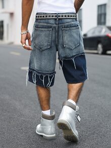 Manfinity EMRG American Street Style Streetwear Couple Matching Washed Yin Yang Colorblock Frayed Denim Shorts Birthday City Break Holiday Vacation Dark Blue Summer - Blue - View 2