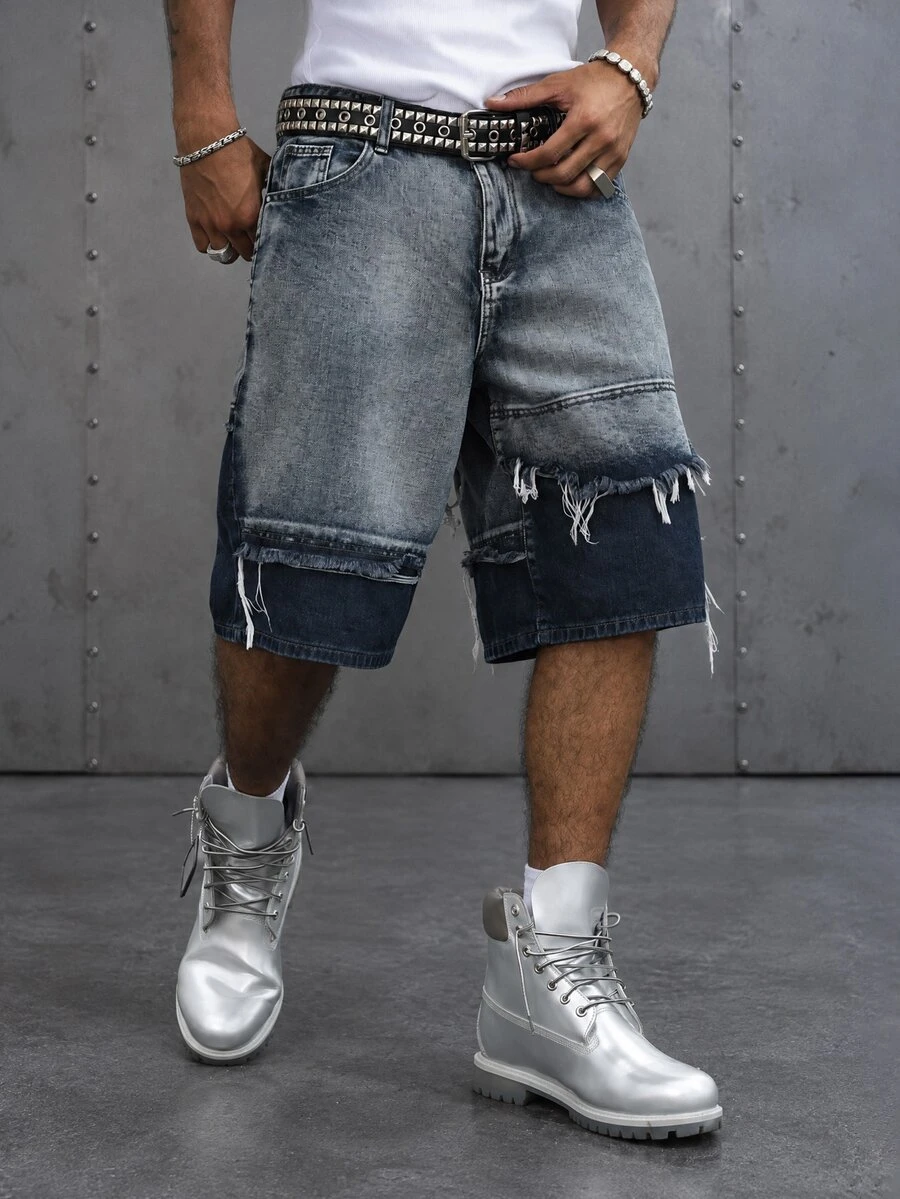 Manfinity EMRG American Street Style Streetwear Couple Matching Washed Yin Yang Colorblock Frayed Denim Shorts Birthday City Break Holiday Vacation Dark Blue Summer - Blue - View 1