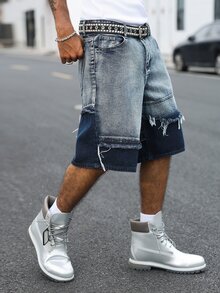 Manfinity EMRG American Street Style Streetwear Couple Matching Washed Yin Yang Colorblock Frayed Denim Shorts Birthday City Break Holiday Vacation Dark Blue Summer - Blue - View 9