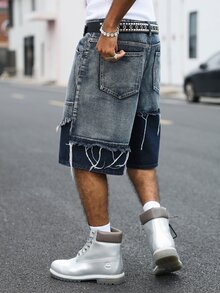 Manfinity EMRG American Street Style Streetwear Couple Matching Washed Yin Yang Colorblock Frayed Denim Shorts Birthday City Break Holiday Vacation Dark Blue Summer - Blue - View 8