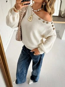 SHEIN LUNE Women's Asymmetrical Shoulder One-Row Wooden Button Dropped Lantern Long Sleeve Loose Slouchy Sweater Brunch Off White Fall Casual - Beige - View 8