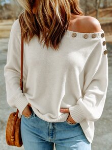 SHEIN LUNE Women's Asymmetrical Shoulder One-Row Wooden Button Dropped Lantern Long Sleeve Loose Slouchy Sweater Brunch Off White Fall Casual - Beige - View 4