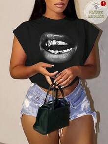 Slaydiva Plus Size Casual Minimalist Mouth Graphic Round Neck T-Shirt, Suitable For Summer Suitable For Going Out - Black - View 3