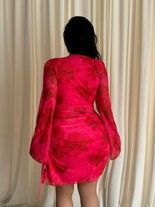 GalTyme Plus Size Women's Fashion Sexy Stand Collar Long Sleeve Split Design Printed Dress - Multicolor - View 2