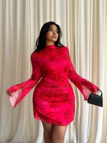 GalTyme Plus Size Women's Fashion Sexy Stand Collar Long Sleeve Split Design Printed Dress - Multicolor - View 3