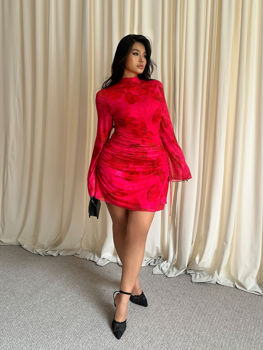 GalTyme Plus Size Women's Fashion Sexy Stand Collar Long Sleeve Split Design Printed Dress - Multicolor - View 1