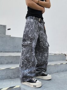 Manfinity EMRG 男士休闲时尚街头风全宽链条蝴蝶结提花翻盖口袋工装牛仔裤，不含腰带 - 灰色 - 查看 9
