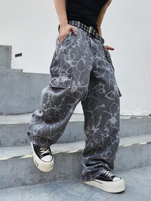 Manfinity EMRG 男士休闲时尚街头风全宽链条蝴蝶结提花翻盖口袋工装牛仔裤，不含腰带 - 灰色 - 查看 7