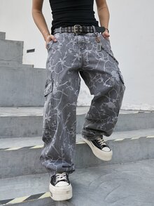 Manfinity EMRG 男士休闲时尚街头风全宽链条蝴蝶结提花翻盖口袋工装牛仔裤，不含腰带 - 灰色 - 查看 8