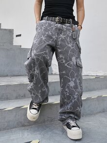 Manfinity EMRG 男士休闲时尚街头风全宽链条蝴蝶结提花翻盖口袋工装牛仔裤，不含腰带 - 灰色 - 查看 5