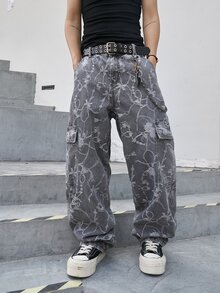 Manfinity EMRG 男士休闲时尚街头风全宽链条蝴蝶结提花翻盖口袋工装牛仔裤，不含腰带 - 灰色 - 查看 10