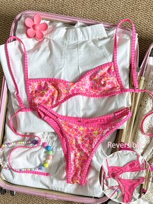 SHEIN Swim 女士沙滩套装，橙色花卉条纹双面印花，双面可穿的超迷你比基尼抹胸，时尚休闲度假可爱性感女士泳装套装 - 粉色 - 查看 5