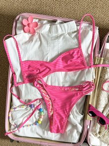 SHEIN Swim 女士沙滩套装，橙色花卉条纹双面印花，双面可穿的超迷你比基尼抹胸，时尚休闲度假可爱性感女士泳装套装 - 粉色 - 查看 6