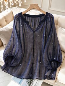 GlowEve CURVE Plus Size Gold & Silver Metallic Pleated Fabric Party Blouse With Round Neck, V-Neck, 3/4 Puff Sleeves For Women - Purple - View 1